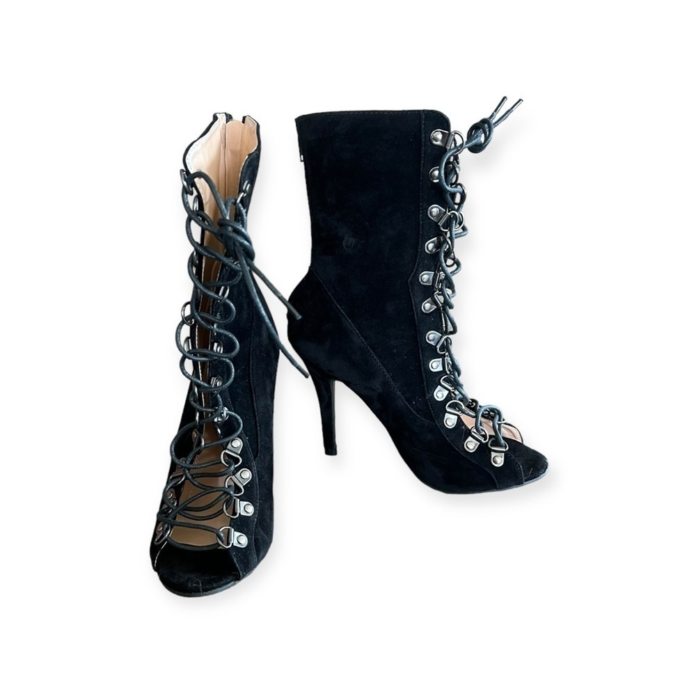 Chase + Chloe Black Suede Lace-Up Open-Toe Heeled Boots